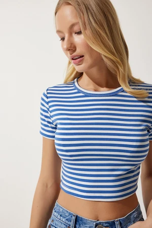 Happiness İstanbul Women's Blue Striped Crop Knitted T-Shirt