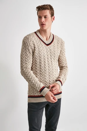 Trendyol Ecru Regular Wool V Neck Hair Knitted Sweater