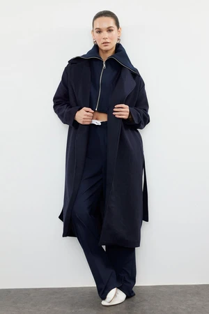 Trendyol Navy Blue Oversized Wool Coat with Removable Knitwear Detail