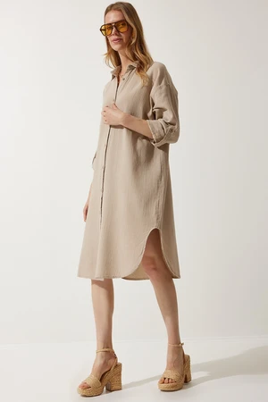 Happiness İstanbul Women's Beige Oversize Muslin Shirt Dress