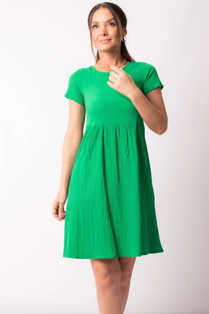 armonika Women's Green Low-cut Back Elastic Detailed Short Sleeve Dress