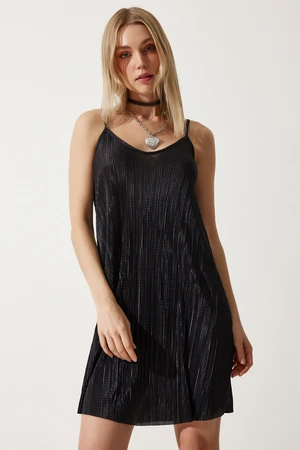 Happiness İstanbul Women's Black Strappy Pleated Summer Mini Knitted Dress