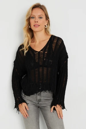 Cool & Sexy Women's Openwork Knitwear Blouse Black YZ618