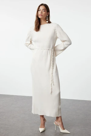 Trendyol Stone Belted Pearl Detailed Corduroy Knitwear Dress