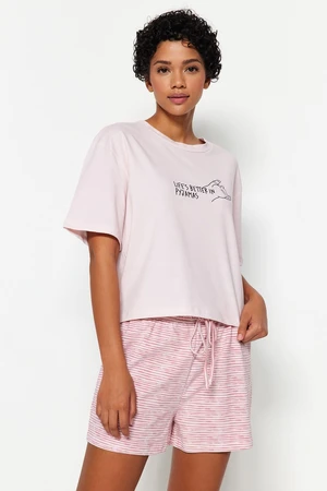 Trendyol Powder Cotton Striped Slogan Printed Knitted Pajama Set