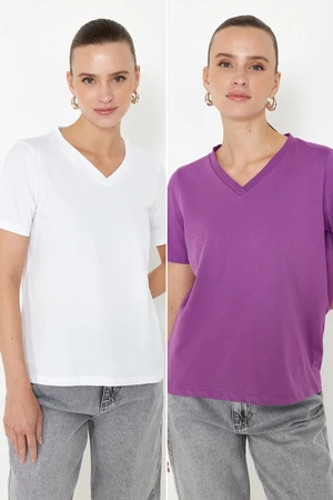 Trendyol Purple-White 100% Cotton 2-Pack Basic V-Neck Knitted T-Shirt