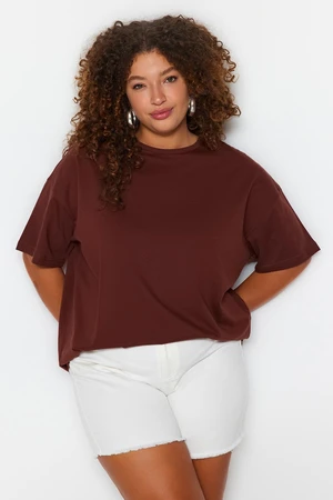 Trendyol Curve Brown Crew Neck Back Printed 100% Cotton Knitted T-shirt