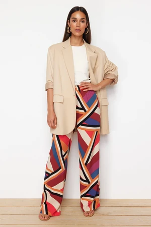 Trendyol Red Wide Leg Patterned Woven Trousers with Elastic Waist Tie Detail