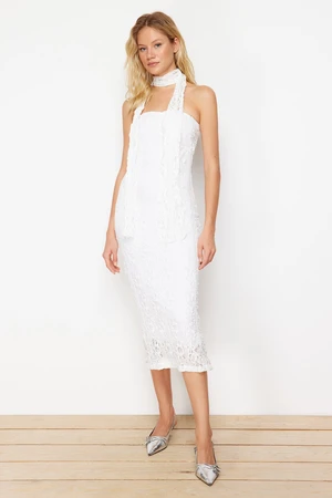 Trendyol White Lace Fitted Stretchy Knitted Midi Pencil Dress