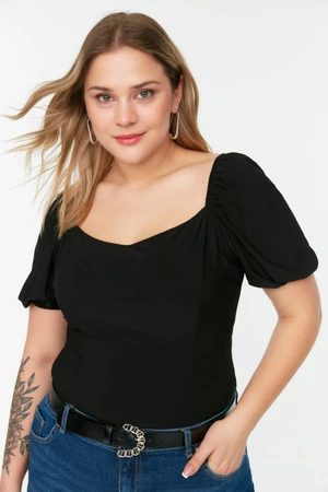 Trendyol Curve Black Heart Neck Balloon Sleeve Knitted Blouse