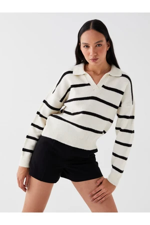 LC Waikiki Women's Polo Neck Striped Long Sleeve Oversized Knitwear Sweater