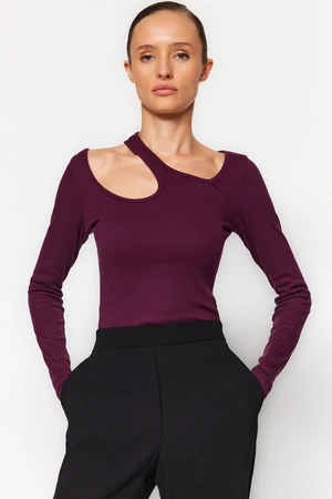 Trendyol Damson Ribbed Cut Out/Window Detail Fitted/Sticky Cotton Stretch Knit Blouse