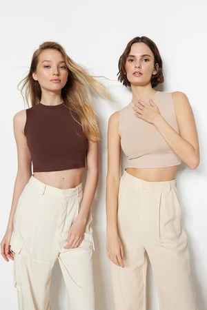 Trendyol Brown-Beige 2 Pack Sleeveless Crop Cotton Stretchy Knitted Undershirt