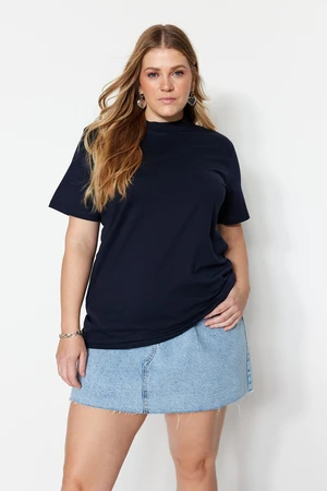 Trendyol Curve Navy Blue Ribbed Collar Boyfriend 100% Cotton Knitted T-shirt