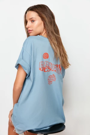 Trendyol Indigo 100% Cotton Back Slogan Printed Boyfriend Fit Crew Neck Knitted T-Shirt