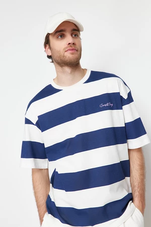 Trendyol Navy Blue Oversize Letter Embroidered Striped 100% Cotton T-Shirt