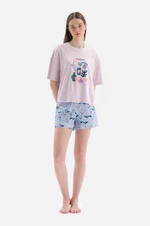 Dagi Light Lilac Crew Neck Printed Top, Patterned Bottom Shorts, Pajamas Set.