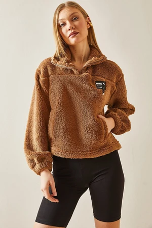 XHAN Tan Zippered High Collar Teddy Plush Sweatshirt