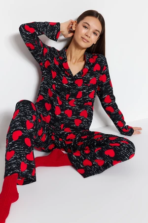 Trendyol Black Heart Viscose Shirt-Pants Woven Pajama Set