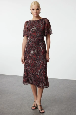 Trendyol Red Animal Patterned A-Line Angel Sleeve Lined Chiffon Midi Woven Dress