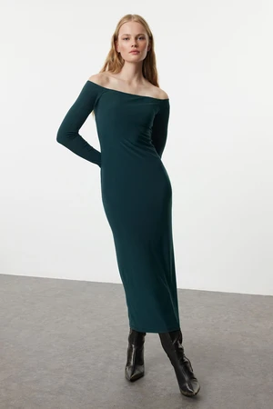 Trendyol Emerald Green Straight Carmen Neck Bodycone/Fitting Flexible Maxi Knitted Dress