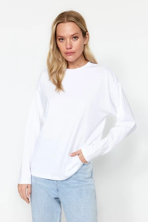 Trendyol White 100% Cotton Basic Crew Neck Long Sleeve Regular Fit Knitted T-Shirt