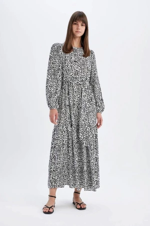 DEFACTO Crew Neck Patterned Viscose Basic Long Sleeve Maxi Dress