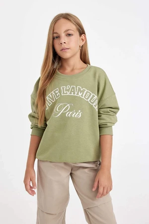 DEFACTO Girl Green Relax Fit Crew Neck Printed Sweatshirt