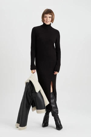 DEFACTO Fitted Turtleneck Basic Plain Long Sleeve Slit Midi Knit Dress