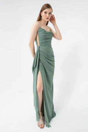 Lafaba Women's Mint Green Bust Draping, Slit and Glittery Evening Dress.