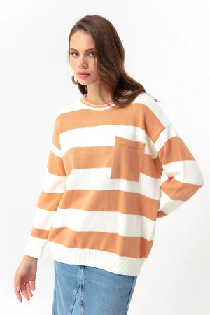 Lafaba Women's Powder Powder Crew Neck Pocket Striped Knitwear Sweater