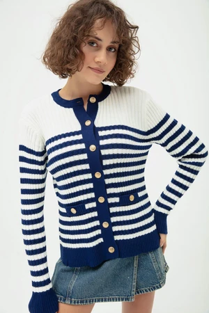 Lafaba Women's Navy Blue Gold Buttoned Striped Knitwear Cardigan