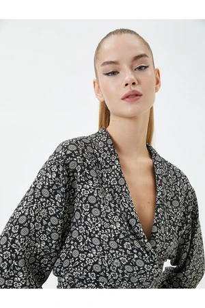 Koton Floral Double-breasted Crop Blouse Oversized With Long A-Line Sleeves Viscose Fabric.