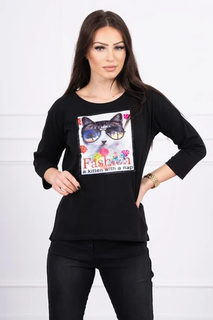 Cat Graphic Blouse 3D Black