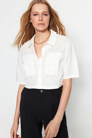 Trendyol Ecru Double Pocket Crop Woven Shirt