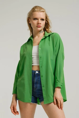 armonika Women's Grass Green Oversize Long Basic Shirt