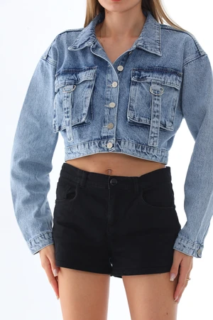 BİKELİFE Women's Pocket Detailed Oversized Crop Denim Jacket