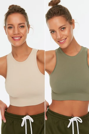 Trendyol Khaki-Stone 2-Pack Seamless/Seamless Lightly Support/Shaping Sports Bra