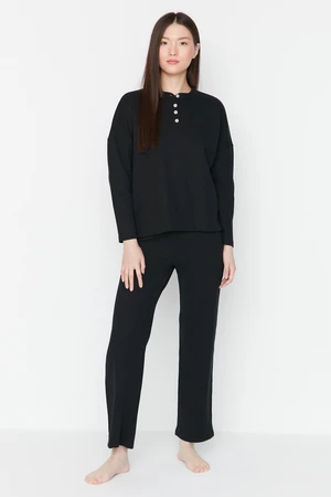 Trendyol Black Cotton Button Detailed Textured Knitted Pajamas Set