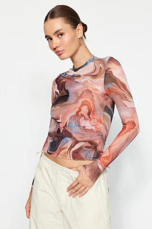 Trendyol Brown Patterned Draped Knitted Blouse with Sheer Transparent Back Fitted/Plastic Wear