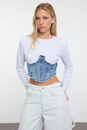 Trendyol Blue Woven Garnished Fitted/Body-Smoothing Knitted Blouse