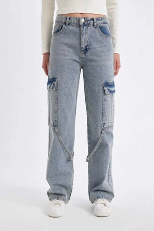 DEFACTO Wide Leg Cargo High Waist Long Jean Washed Trousers