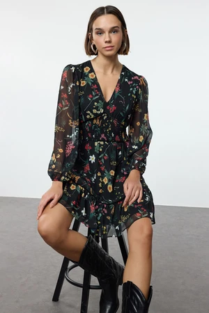 Trendyol Black Floral Patterned Mini Woven Dress with Waist Opening Skirt and Gipe Detail