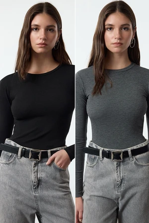 Trendyol Black-Anthracite Double Pack Crop/Short Fitted/Fitting Knitted Blouse