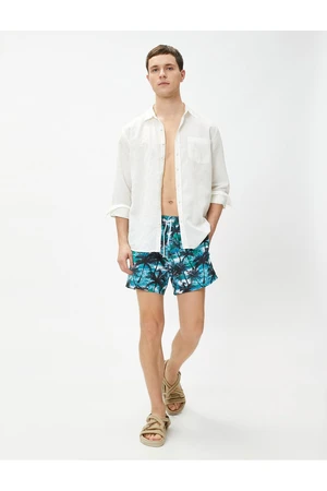 Koton Swim Shorts with Palm Tree Print, Lace Waist and Pocket