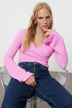 Trendyol Pink Premium Textured Fabric Double Breasted Neck Regular/Normal Fit Crop Knitted Blouse