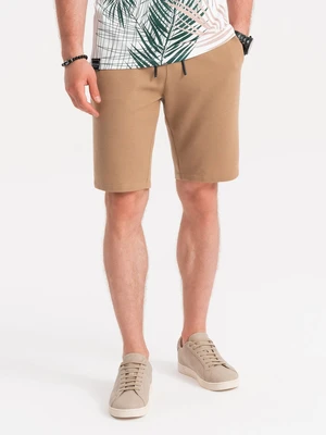 Ombre Men's knitted shorts with decorative elastic waistband - light brown