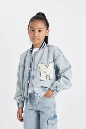 DEFACTO Girls Seasonal Denim Bomber Jacket with Snap Closure and Pocket