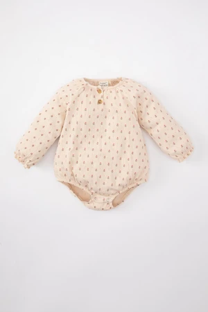 DEFACTO Baby Girl Newborn Buttoned Collar Floral Crinkle Fabric Long Sleeve Snap Snap Body