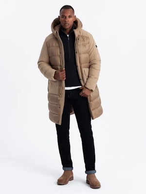 Ombre Men's long quilted jacket with large pockets - beige